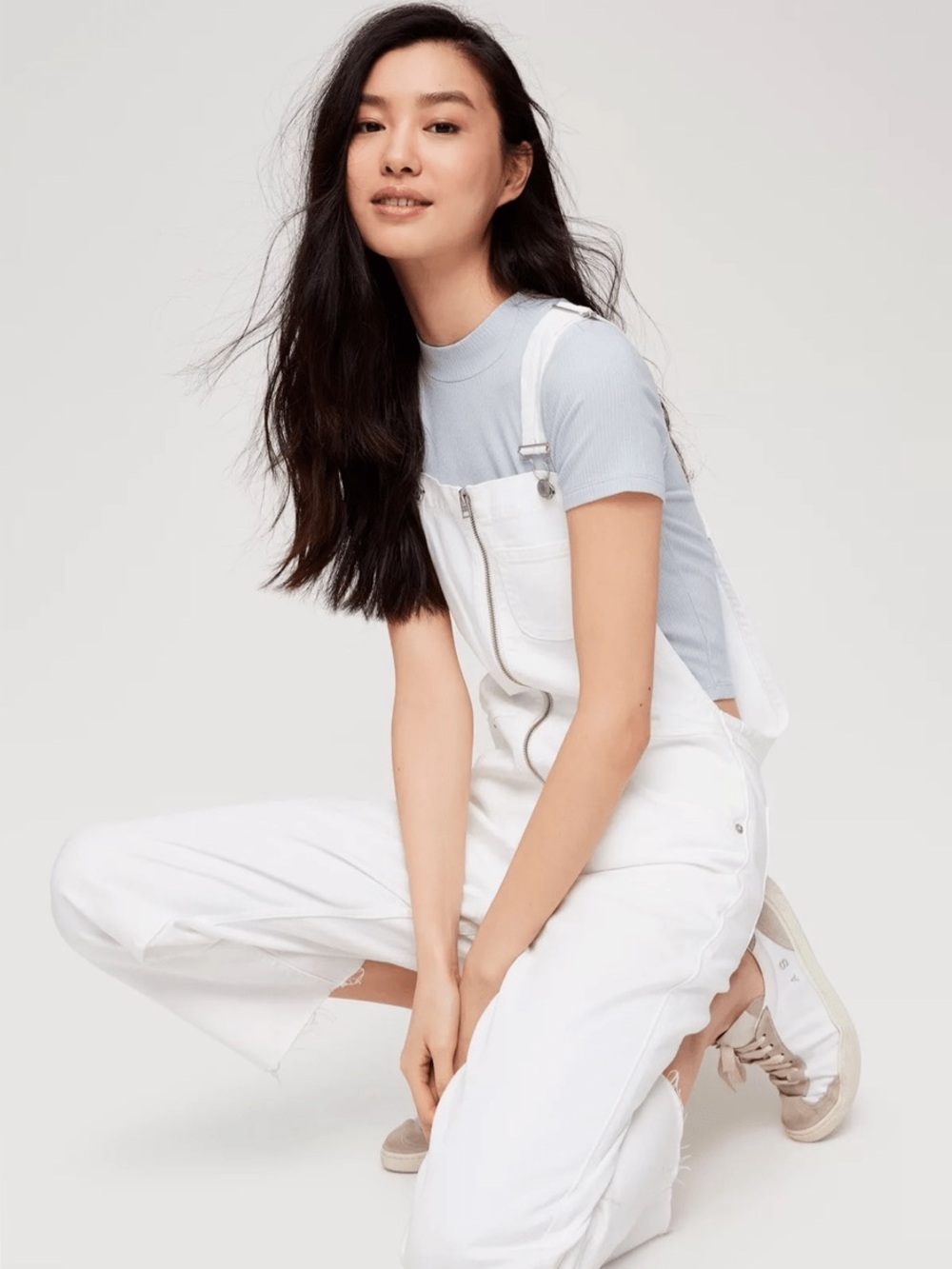 MOTHER White Denim Overalls with Light Blue Tee